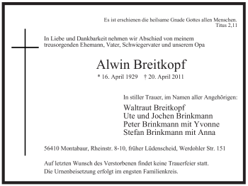 Todesanzeige von Alwin Breitkopf von WESTFÄLISCHER ANZEIGER