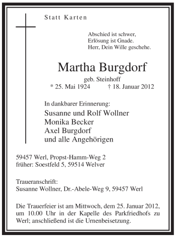 Todesanzeige von Martha Burgdorf von WESTFÄLISCHER ANZEIGER