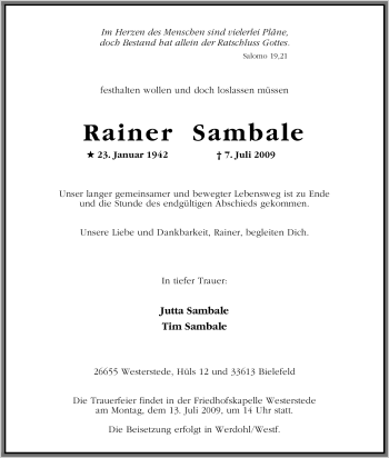 Todesanzeige von Rainer Sambale von WESTFÄLISCHER ANZEIGER
