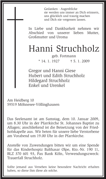Todesanzeige von Hanni Struchholz von WESTFÄLISCHER ANZEIGER
