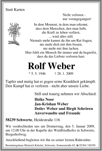 Todesanzeige von Rolf Weber von WESTFÄLISCHER ANZEIGER