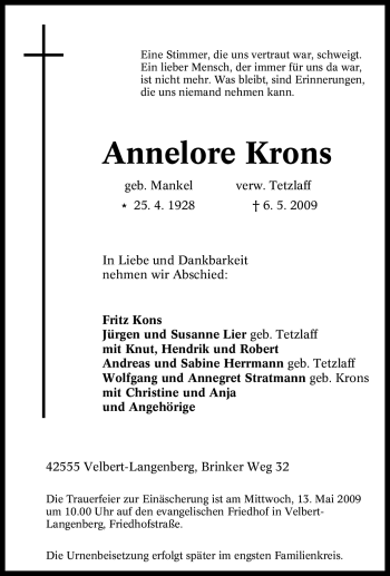 Todesanzeige von Annelore Krons von WESTFÄLISCHER ANZEIGER