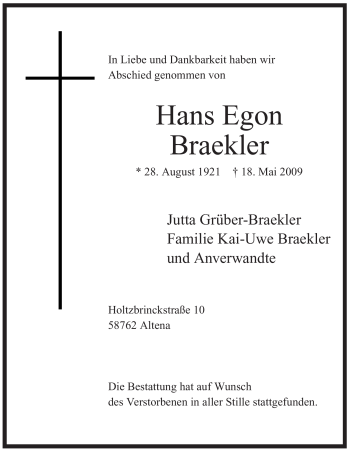 Todesanzeige von Hans Egon Braekler von WESTFÄLISCHER ANZEIGER