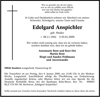Todesanzeige von Edelgard Anspichler von WESTFÄLISCHER ANZEIGER