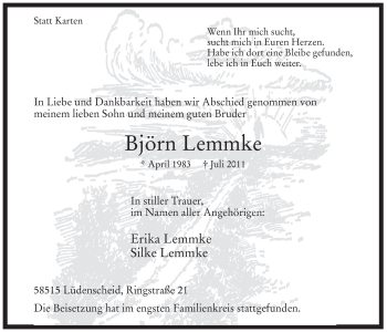 Todesanzeige von Björn Lemmke von WESTFÄLISCHER ANZEIGER