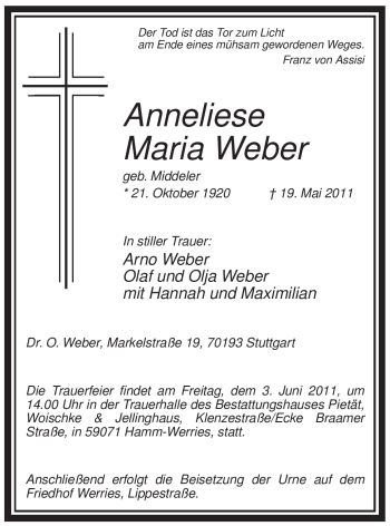 Todesanzeige von Anneliese Maria Weber von WESTFÄLISCHER ANZEIGER