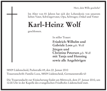 Todesanzeige von Karl-Heinz Wolf von WESTFÄLISCHER ANZEIGER