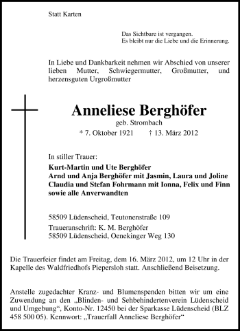 Todesanzeige von Anneliese Berghöfer von WESTFÄLISCHER ANZEIGER