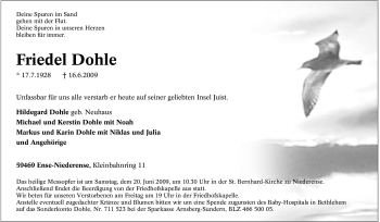 Todesanzeige von Friedel Dohle von WESTFÄLISCHER ANZEIGER
