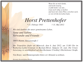 Todesanzeige von Horst Prettenhofer von WESTFÄLISCHER ANZEIGER