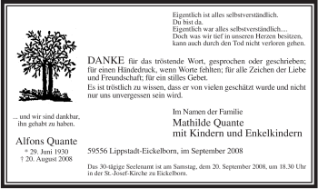 Todesanzeige von Alfons Quante von WESTFÄLISCHER ANZEIGER