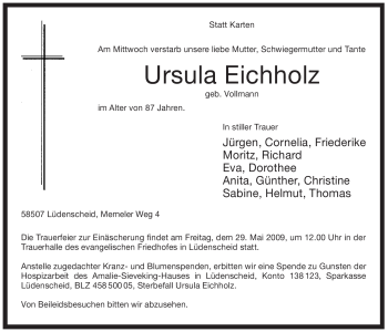 Todesanzeige von Ursula Eichholz von WESTFÄLISCHER ANZEIGER