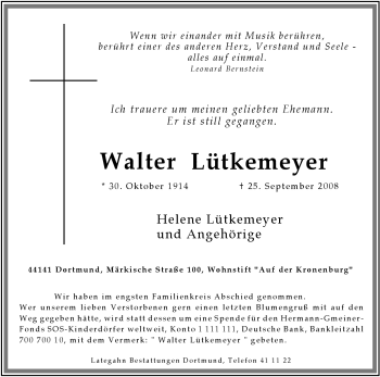 Todesanzeige von Walter Lütkemeyer von WESTFÄLISCHER ANZEIGER