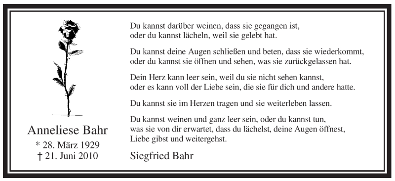  Traueranzeige für Anneliese Bahr vom 21.06.2011 aus WESTFÄLISCHER ANZEIGER