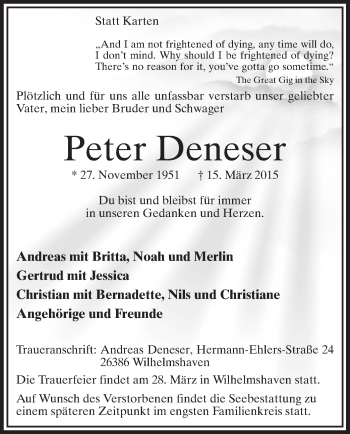 Todesanzeige von Peter Deneser von MZV