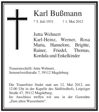 Todesanzeige von Karl Bußmann von WESTFÄLISCHER ANZEIGER