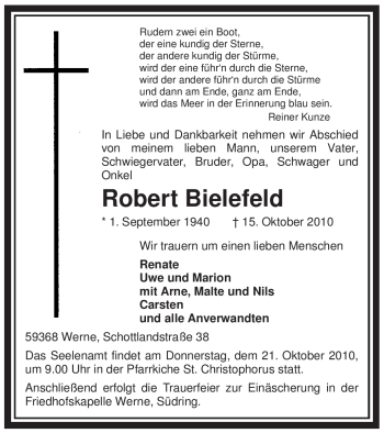 Todesanzeige von Robert Bielefeld von WESTFÄLISCHER ANZEIGER