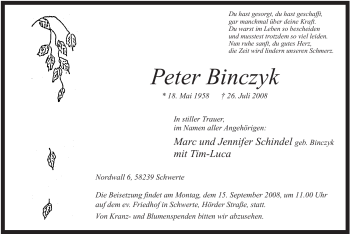 Todesanzeige von Peter Binczyk von WESTFÄLISCHER ANZEIGER