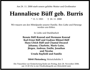 Todesanzeige von Hannaliese Büff von WESTFÄLISCHER ANZEIGER