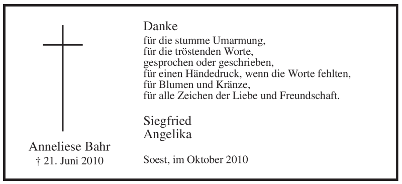  Traueranzeige für Anneliese Bahr vom 02.10.2010 aus WESTFÄLISCHER ANZEIGER