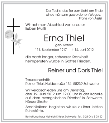 Todesanzeige von Erna Thiel von WESTFÄLISCHER ANZEIGER