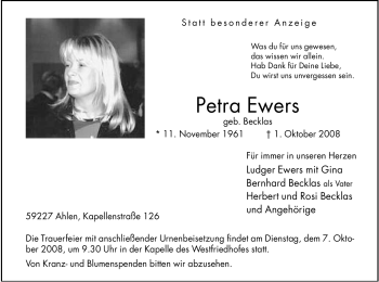 Todesanzeige von Petra Ewers von WESTFÄLISCHER ANZEIGER