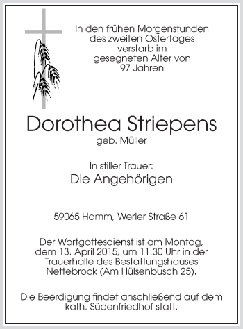 Todesanzeige von Dorothea Striepens von MZV