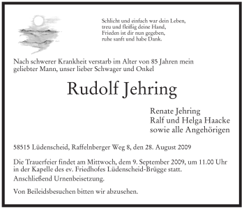 Todesanzeige von Rudolf Jehring von WESTFÄLISCHER ANZEIGER