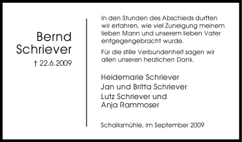 Todesanzeige von Bernd Schriever von WESTFÄLISCHER ANZEIGER