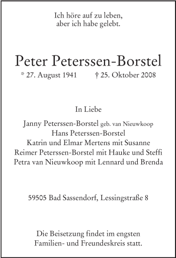 Todesanzeige von Peter Peterssen-Borstel von WESTFÄLISCHER ANZEIGER