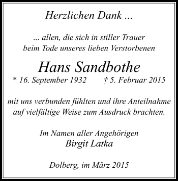 Todesanzeige von Hans Sandbothe von MZV