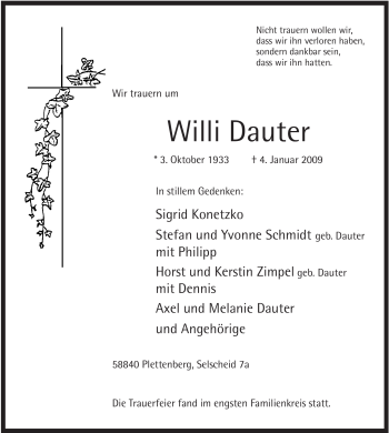Todesanzeige von Willi Dauter von WESTFÄLISCHER ANZEIGER