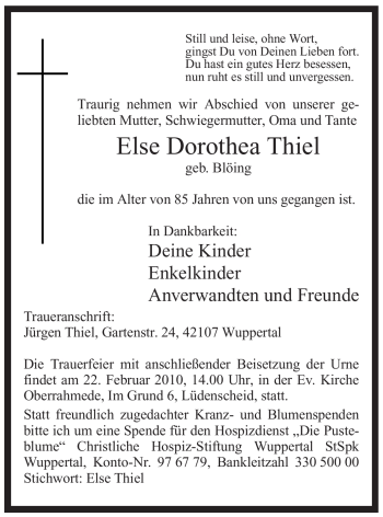 Todesanzeige von Else Dorothea Thiel von WESTFÄLISCHER ANZEIGER
