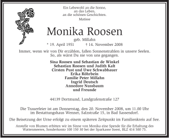 Todesanzeige von Monika Roosen von WESTFÄLISCHER ANZEIGER