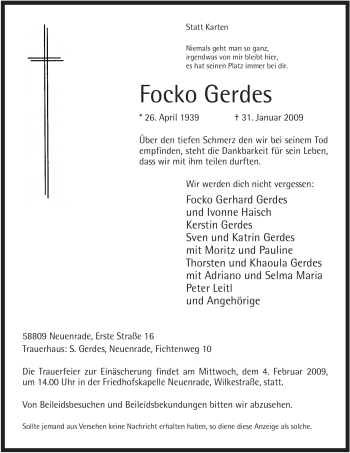 Todesanzeige von Focko Gerdes von WESTFÄLISCHER ANZEIGER