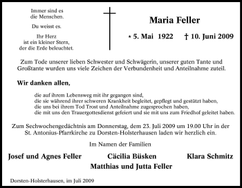 Todesanzeige von Maria Feller von WESTFÄLISCHER ANZEIGER