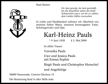 Todesanzeige von Karl-Heinz Pauls von WESTFÄLISCHER ANZEIGER