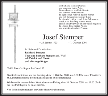 Todesanzeige von Josef Stemper von WESTFÄLISCHER ANZEIGER