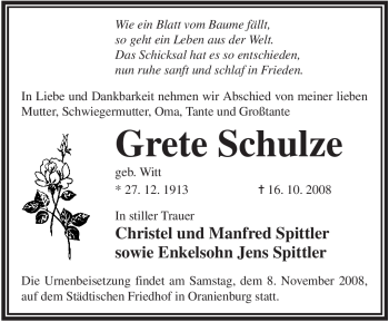Todesanzeige von Grete Schulze von WESTFÄLISCHER ANZEIGER
