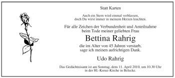 Todesanzeige von Bettina Rahrig von WESTFÄLISCHER ANZEIGER