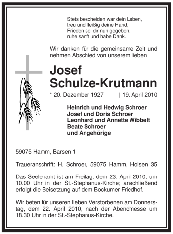 Todesanzeige von Josef Schulze-Krutmann von WESTFÄLISCHER ANZEIGER