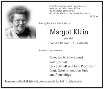 Todesanzeige von Margot Klein von WESTFÄLISCHER ANZEIGER