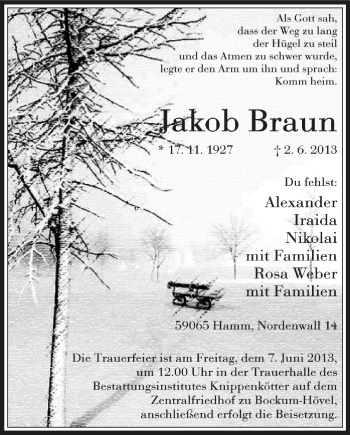 Todesanzeige von Jakob Braun von Westfälischer Anzeiger
