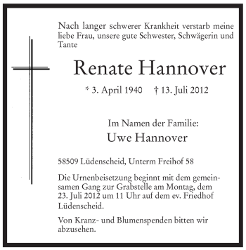 Todesanzeige von Renate Hannover von WESTFÄLISCHER ANZEIGER