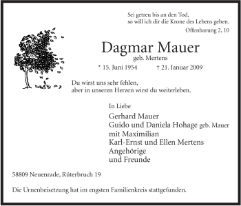 Todesanzeige von Dagmar Mauer von WESTFÄLISCHER ANZEIGER