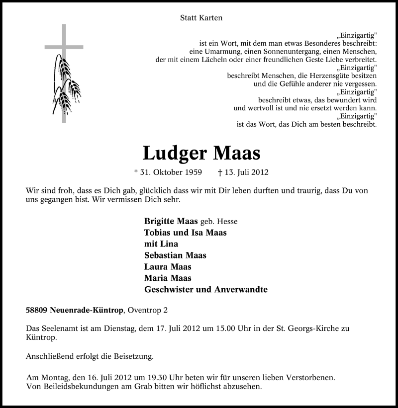 Traueranzeige für Ludger Maas vom 14.07.2012 aus WESTFÄLISCHER ANZEIGER