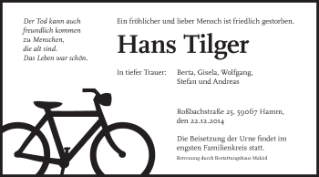Todesanzeige von Hans Tilger von MZV
