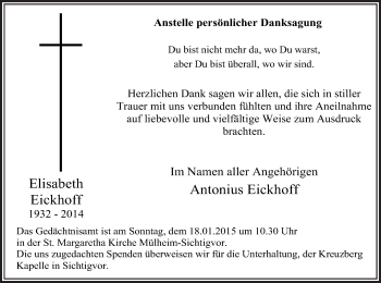 Todesanzeige von Eickhoff Elisabeth von MZV