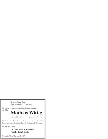 Todesanzeige von Mathias Wittig von WESTFÄLISCHER ANZEIGER