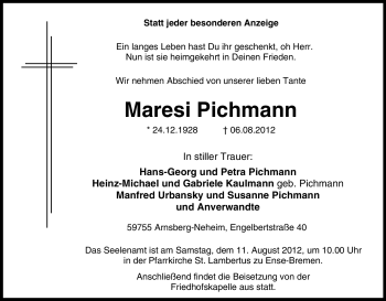 Todesanzeige von Maresi Pichmann von WESTFÄLISCHER ANZEIGER